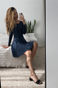 Boho Navy Blue Acid Wash Long Sleeves Swing Dress