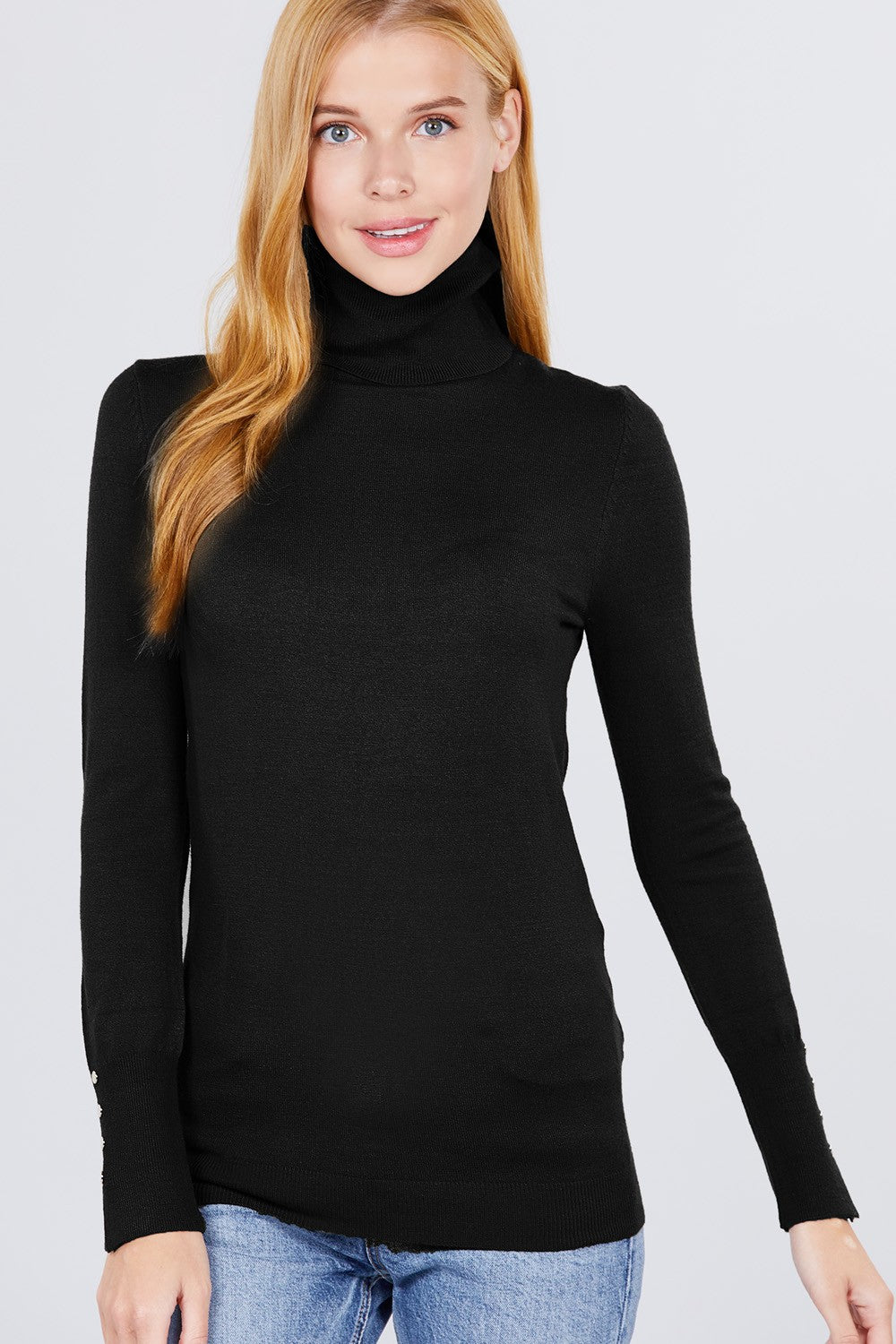 Long Sleeve with Metal Button Detail Turtle Neck Sweater