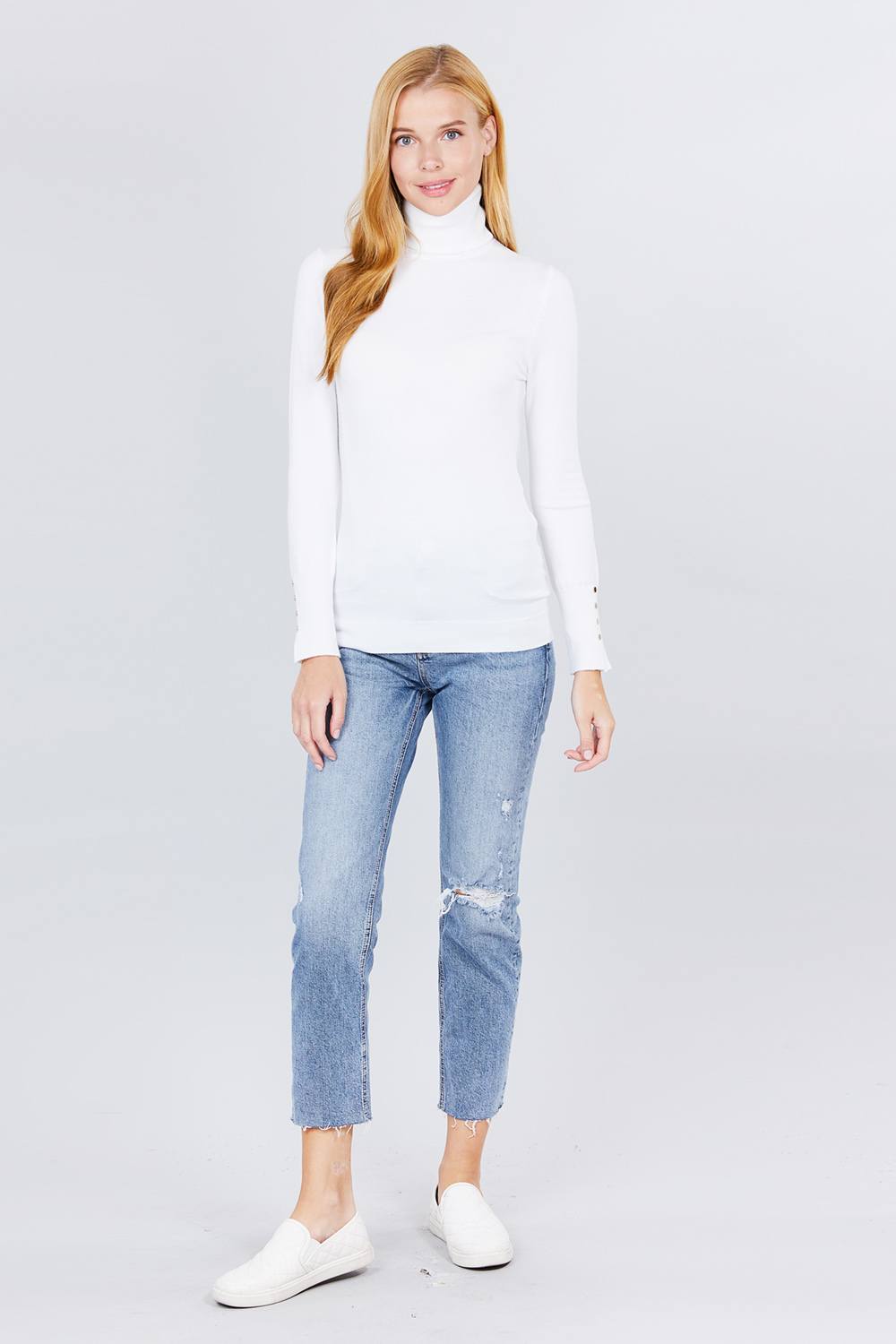 Long Sleeve with Metal Button Detail Turtle Neck Sweater