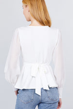 Load image into Gallery viewer, Puff Sleeve V-neck Peplum Top
