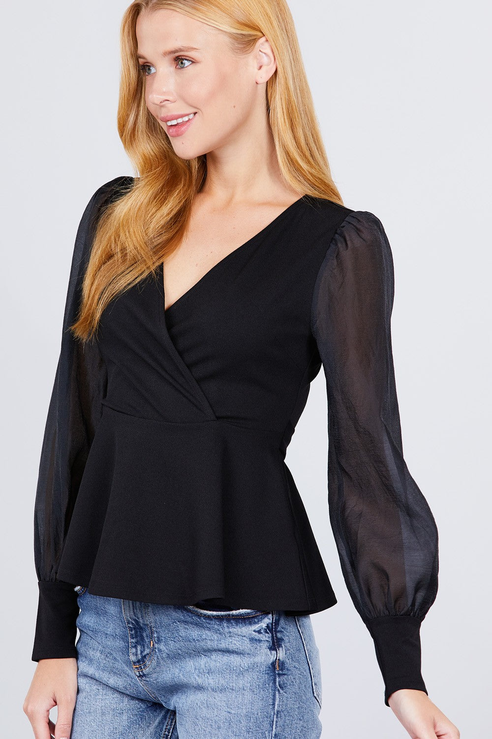 Puff Sleeve V-neck Peplum Top