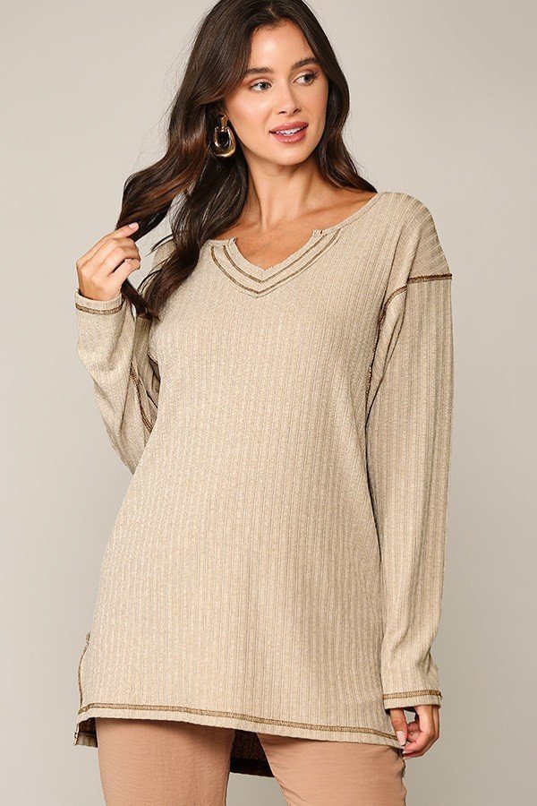 Two-tone Rib Tunic Top With Side Slits