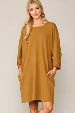 Load image into Gallery viewer, Textured Button Accent Puff Sleeve Side Pockets Shift Dress
