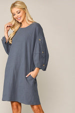 Load image into Gallery viewer, Textured Button Accent Puff Sleeve Side Pockets Shift Dress
