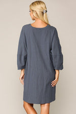 Load image into Gallery viewer, Textured Button Accent Puff Sleeve Side Pockets Shift Dress
