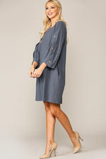 Load image into Gallery viewer, Textured Button Accent Puff Sleeve Side Pockets Shift Dress
