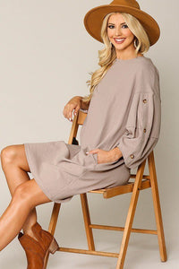 Textured Button Accent Puff Sleeve Side Pockets Shift Dress