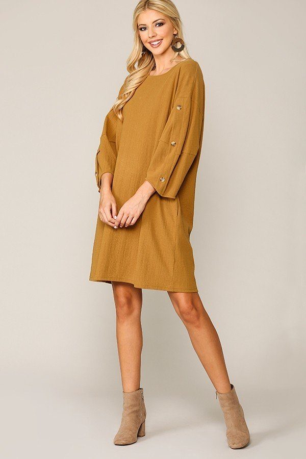 Textured Button Accent Puff Sleeve Side Pockets Shift Dress