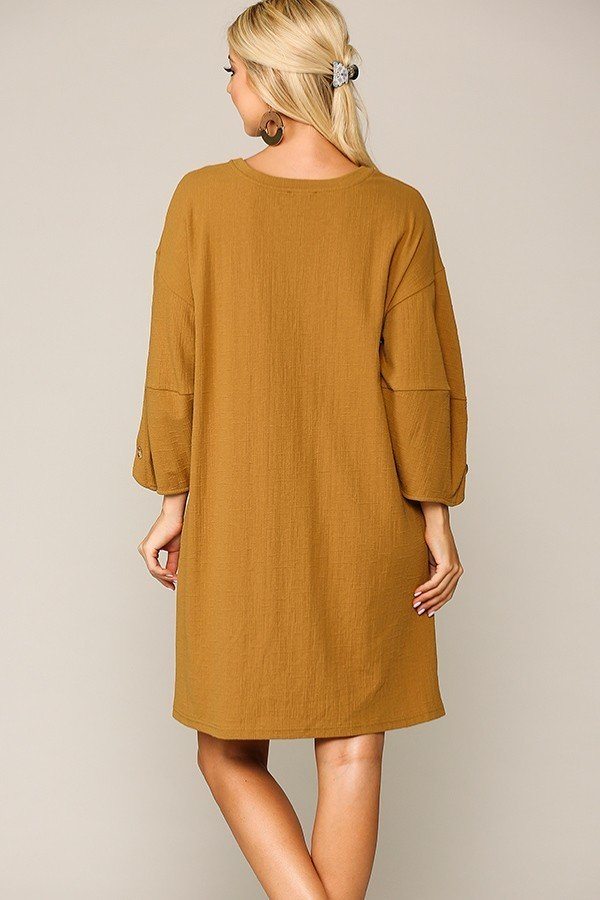 Textured Button Accent Puff Sleeve Side Pockets Shift Dress