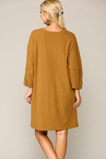 Load image into Gallery viewer, Textured Button Accent Puff Sleeve Side Pockets Shift Dress
