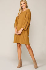 Load image into Gallery viewer, Textured Button Accent Puff Sleeve Side Pockets Shift Dress
