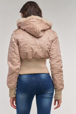 Load image into Gallery viewer, Letter Printed Zip-up Faux Fur Hood Detail Cropped Winter Bomber Jacket
