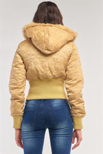 Load image into Gallery viewer, Letter Printed Zip-up Faux Fur Hood Detail Cropped Winter Bomber Jacket
