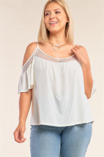 Load image into Gallery viewer, Plus Size Ivory Relaxed Fit Off-the-shoulder Polka Dot Mesh Hem Babydoll Top
