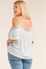 Load image into Gallery viewer, Plus Size Ivory Relaxed Fit Off-the-shoulder Polka Dot Mesh Hem Babydoll Top
