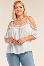 Load image into Gallery viewer, Plus Size Ivory Relaxed Fit Off-the-shoulder Polka Dot Mesh Hem Babydoll Top
