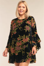 Load image into Gallery viewer, Plus Size Velvet Floral Pattern Long Angel Sleeve Round Neck Relaxed Fit Mini Dress
