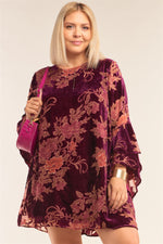 Load image into Gallery viewer, Plus Size Velvet Floral Pattern Long Angel Sleeve Round Neck Relaxed Fit Mini Dress
