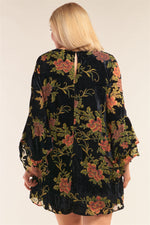 Load image into Gallery viewer, Plus Size Velvet Floral Pattern Long Angel Sleeve Round Neck Relaxed Fit Mini Dress
