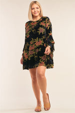 Load image into Gallery viewer, Plus Size Velvet Floral Pattern Long Angel Sleeve Round Neck Relaxed Fit Mini Dress
