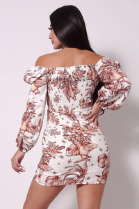 Balloon Sleeve Front Surplus Shirred Hem Floral Mini Dress