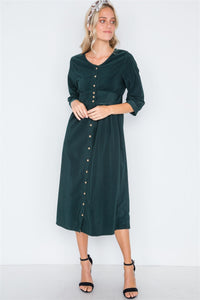 Corduroy 3/4 Sleeve Button Down Midi Dress