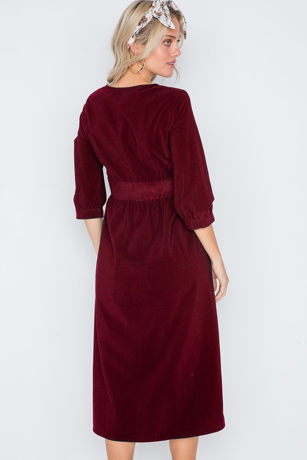 Corduroy 3/4 Sleeve Button Down Midi Dress