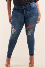 Load image into Gallery viewer, Plus Size Dark Blue Low-rise Ripped Denim Pants
