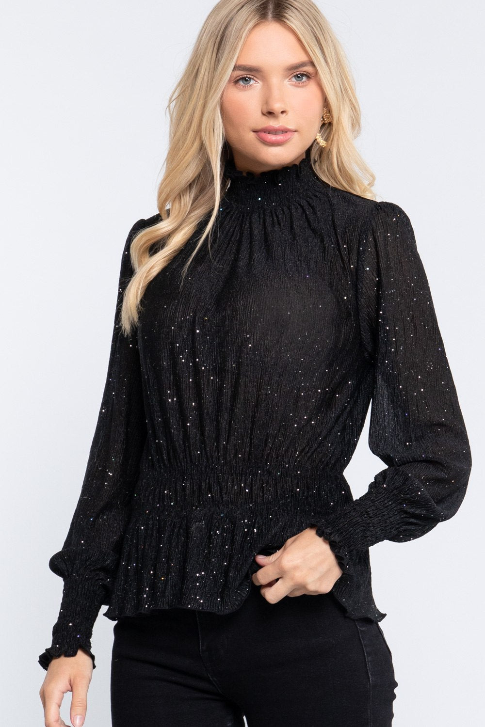 Smocked Sleeve Sparkle Crinkled Top