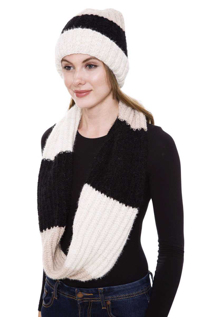 Stripe Pattern Infinity Scarf And Knit Hat Set