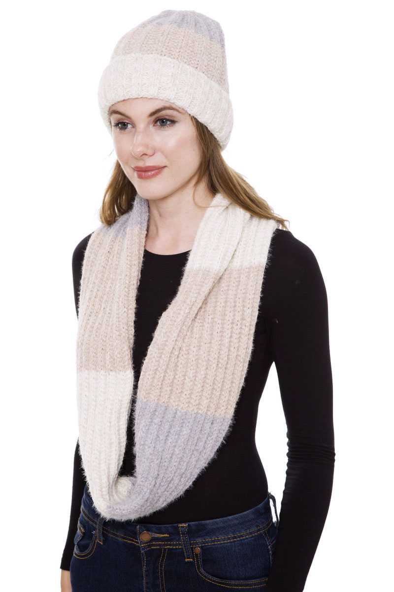 Stripe Pattern Infinity Scarf And Knit Hat Set