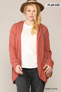 Solid Waffled Hoodie Cardigan With Lapel Collar