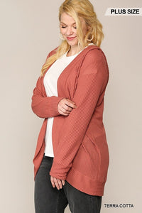 Solid Waffled Hoodie Cardigan With Lapel Collar