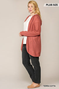 Solid Waffled Hoodie Cardigan With Lapel Collar