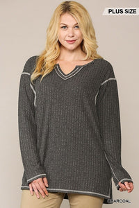 Two-tone Ribbed Tunic Top with Side Slits