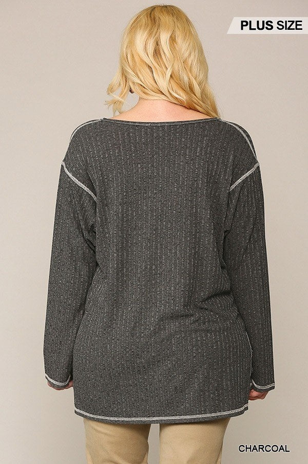 Two-tone Ribbed Tunic Top with Side Slits