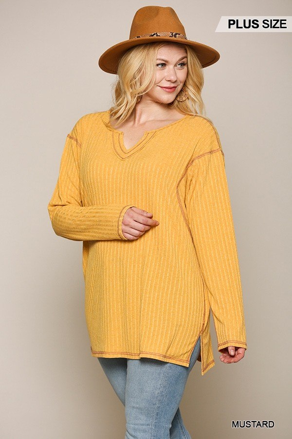 Two-tone Ribbed Tunic Top with Side Slits