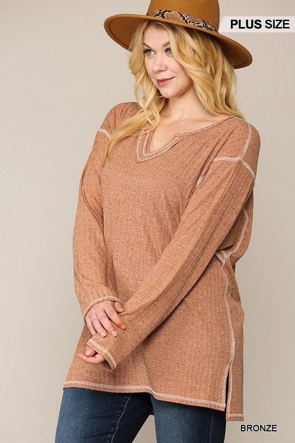 Two-tone Ribbed Tunic Top with Side Slits