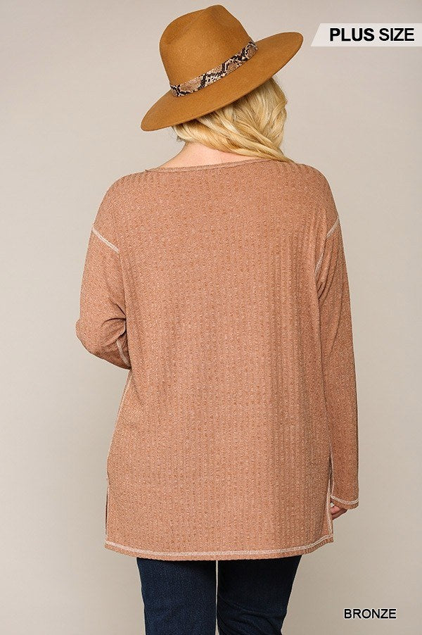 Two-tone Ribbed Tunic Top with Side Slits