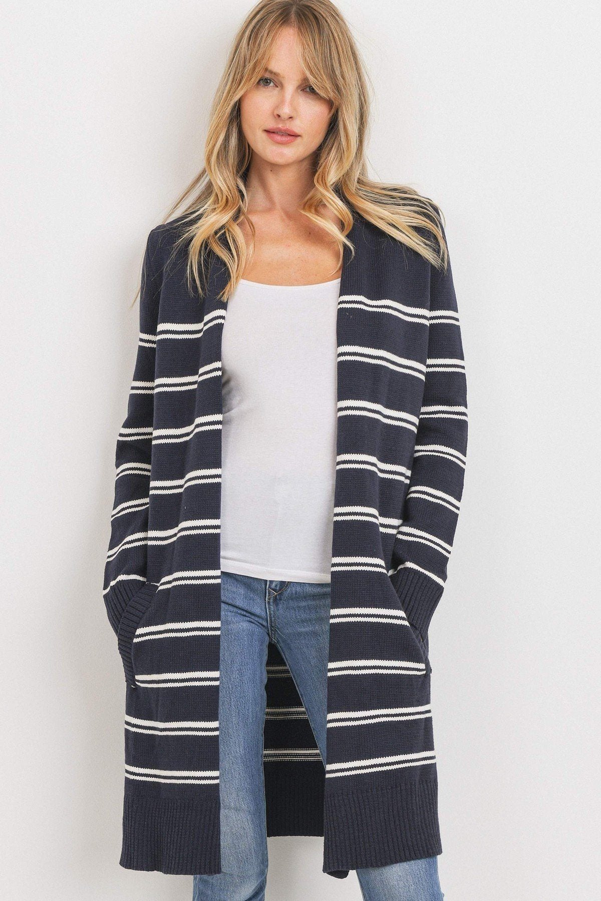 Striped Print Open Front Cardigan