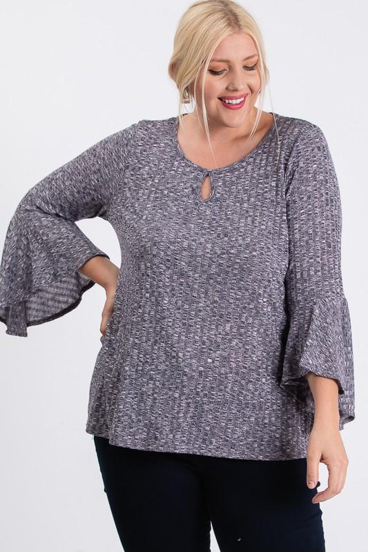 Front Keyhole 2-tone Rib Fabric 3/4 Bell Sleeve Top