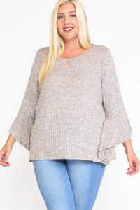 Front Keyhole 2-tone Rib Fabric 3/4 Bell Sleeve Top