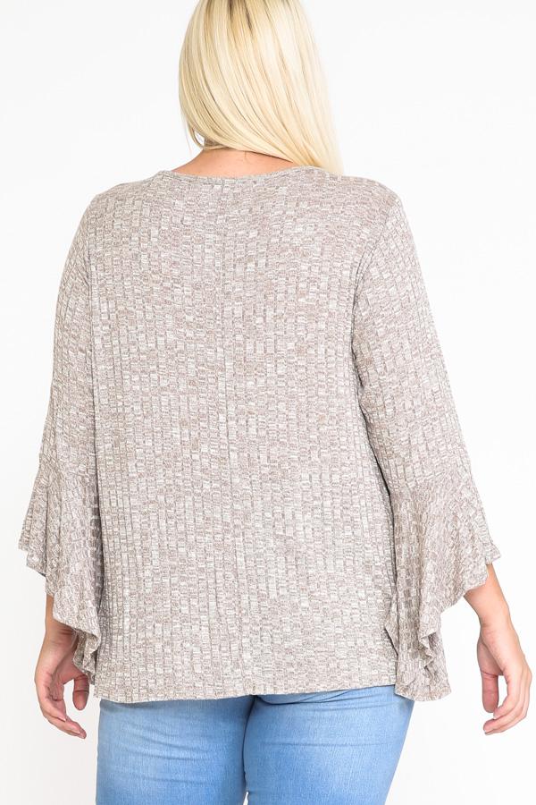 Front Keyhole 2-tone Rib Fabric 3/4 Bell Sleeve Top