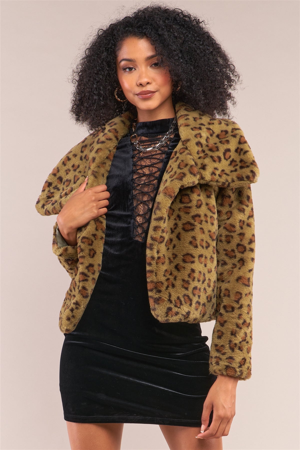 Leopard Print Faux Fur Open Front Oversized Collar Jacket