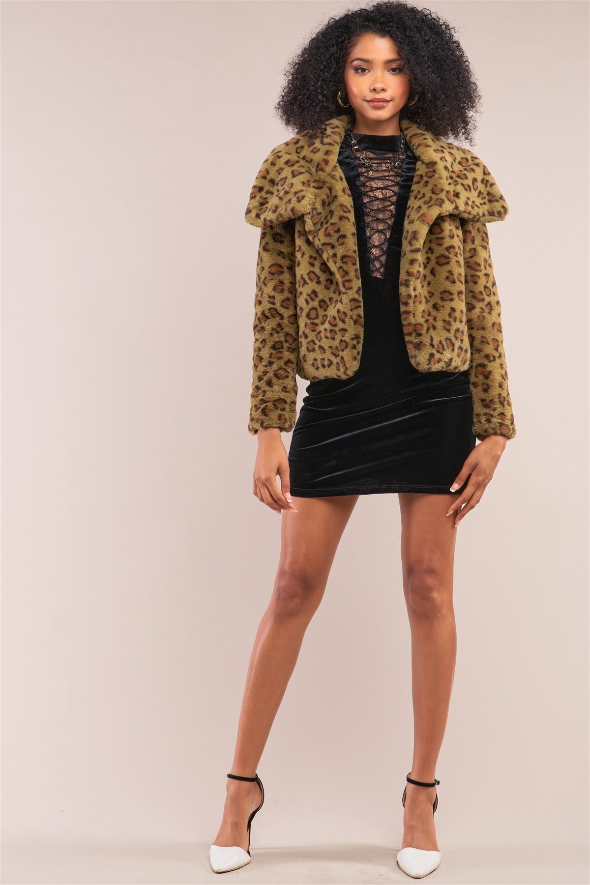 Leopard Print Faux Fur Open Front Oversized Collar Jacket