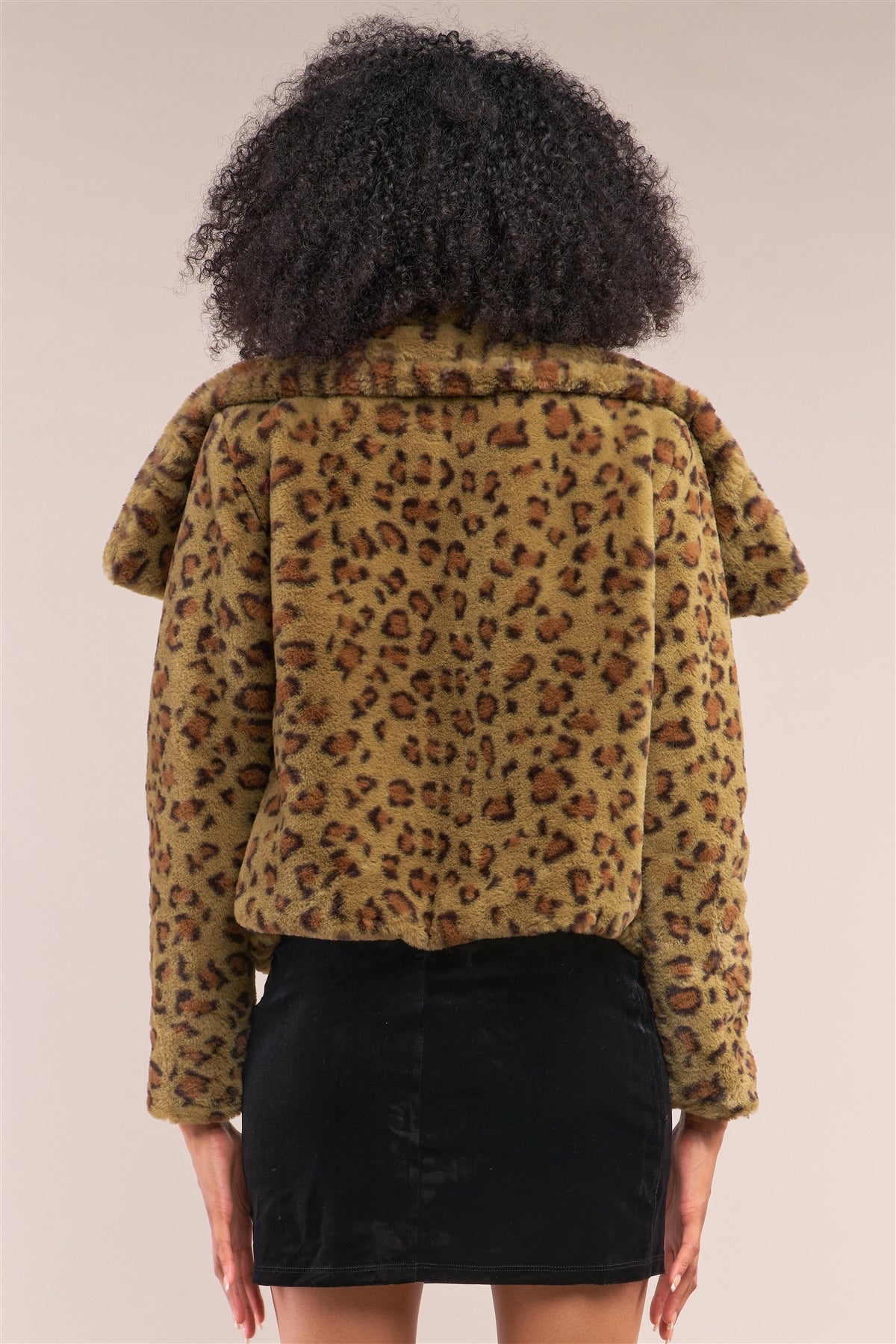 Leopard Print Faux Fur Open Front Oversized Collar Jacket