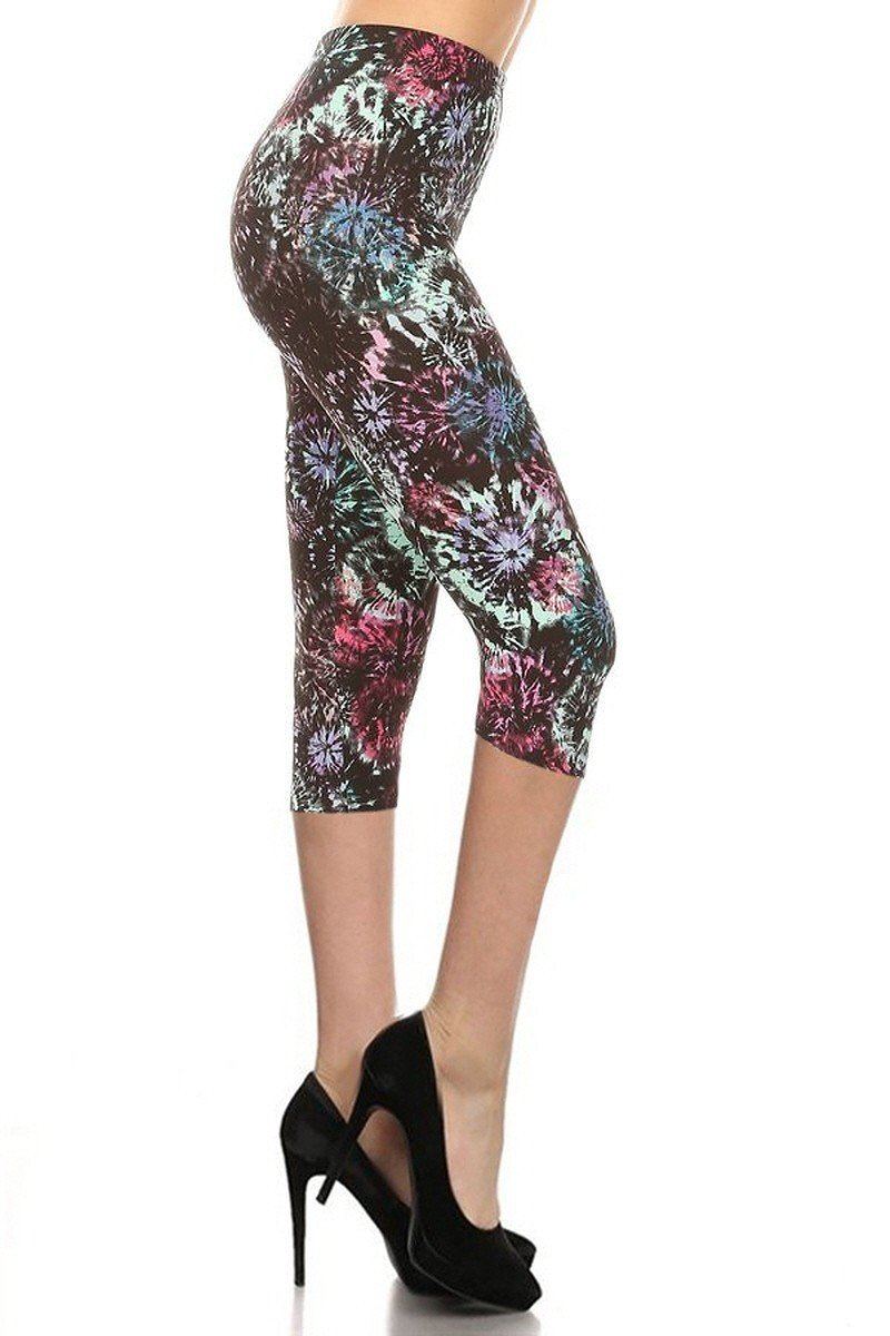 Tie Dye Printed High Waisted Capri Leggings With Elastic Waistband