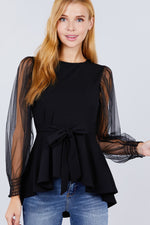 Load image into Gallery viewer, Mesh Puff Sleeve Peplum Top
