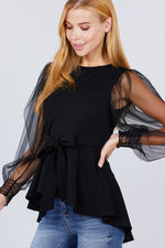 Load image into Gallery viewer, Mesh Puff Sleeve Peplum Top
