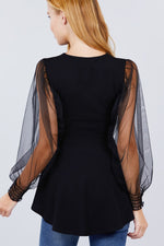 Load image into Gallery viewer, Mesh Puff Sleeve Peplum Top
